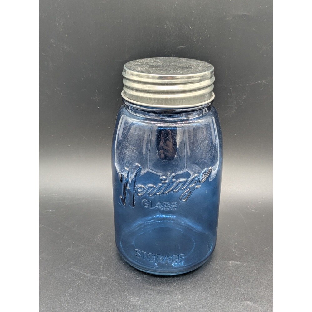Heritage Glass Cobalt Blue Storage Jar Canister Silver Metal Lid Mason Style